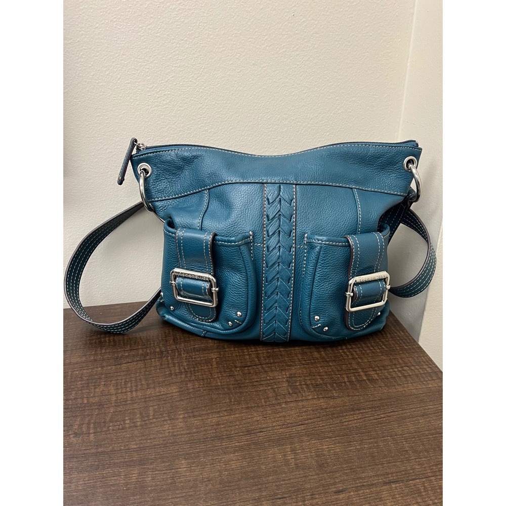 Tignanello Blue Leather Crossbody Bag Purse Braided Center Detail Front Buckles